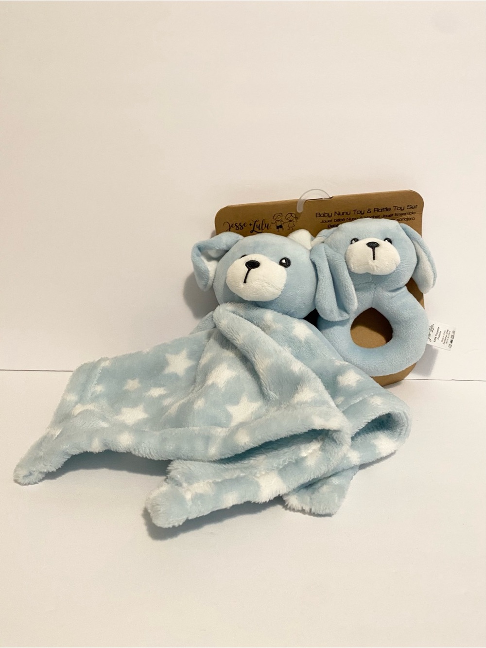 Jesse + Lulu Blue Puppy Dog Lovey Rattle Set Star Security Blanket Nunu NWT Gift